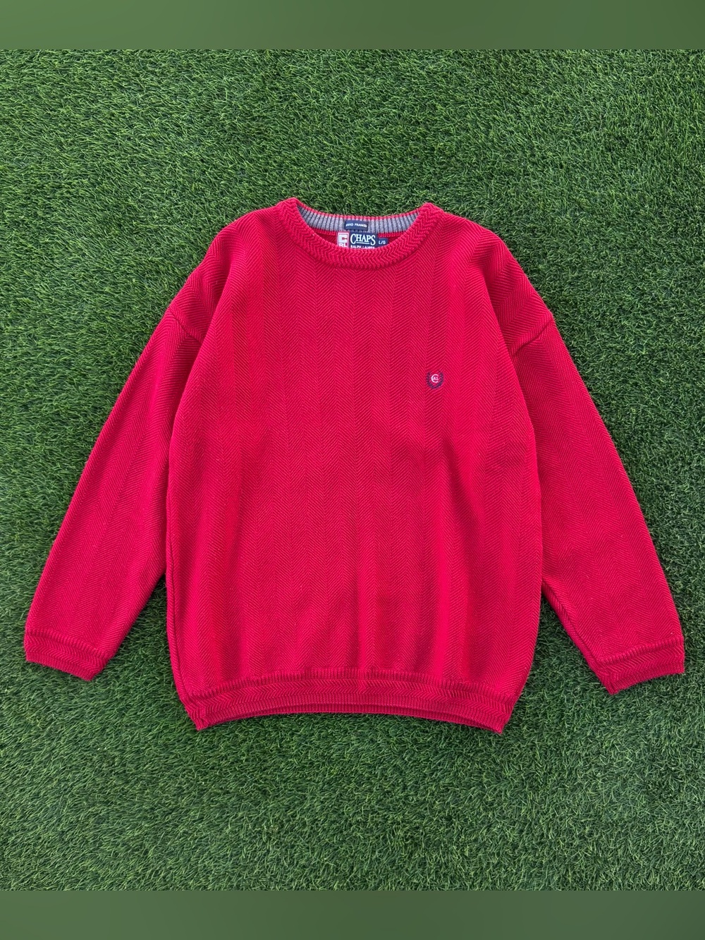 Chaps Ralph Lauren Red Knit Sweater Hand Framed Pullover Jumper Size Large